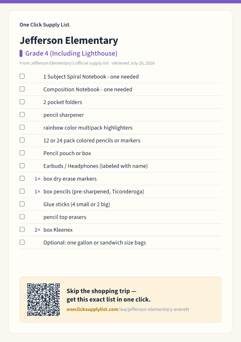 Jefferson Elementary Grade 4 (Including Lighthouse) supply list — printable image