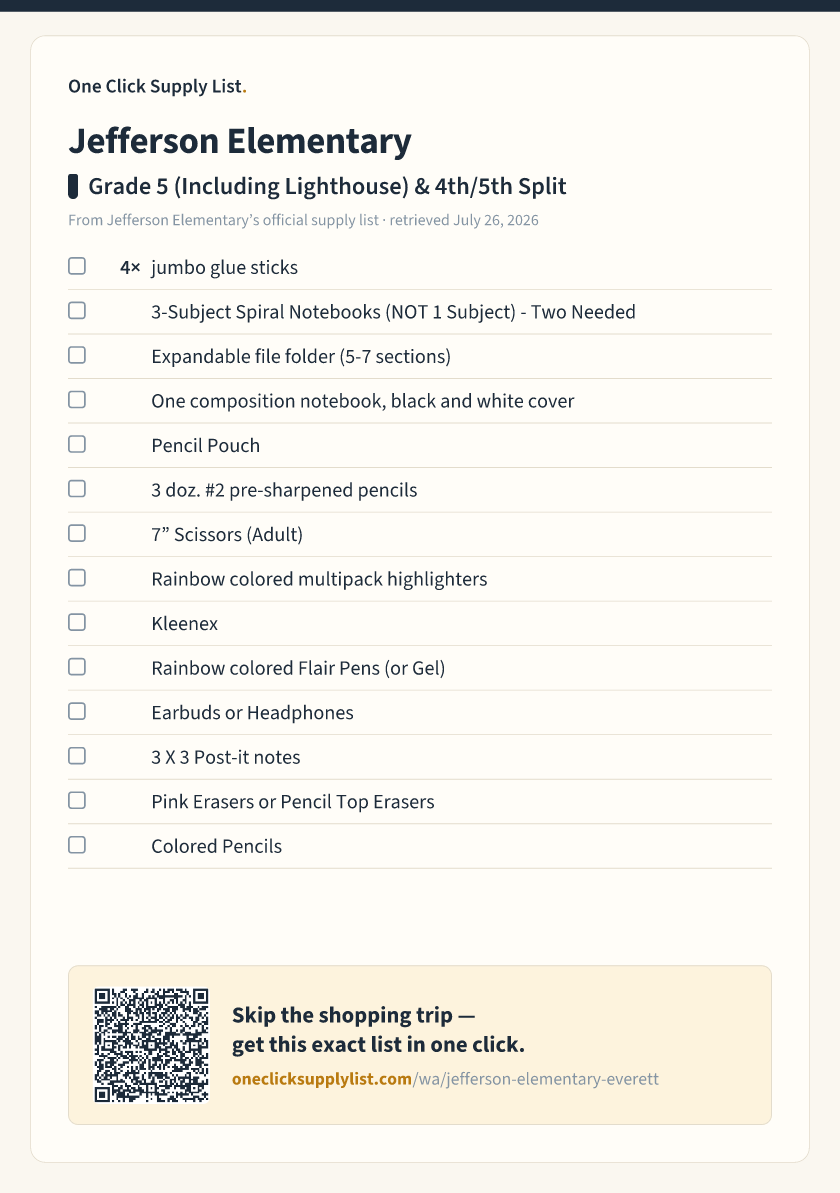 Jefferson Elementary Grade 5 (Including Lighthouse) & 4th/5th Split supply list — printable image