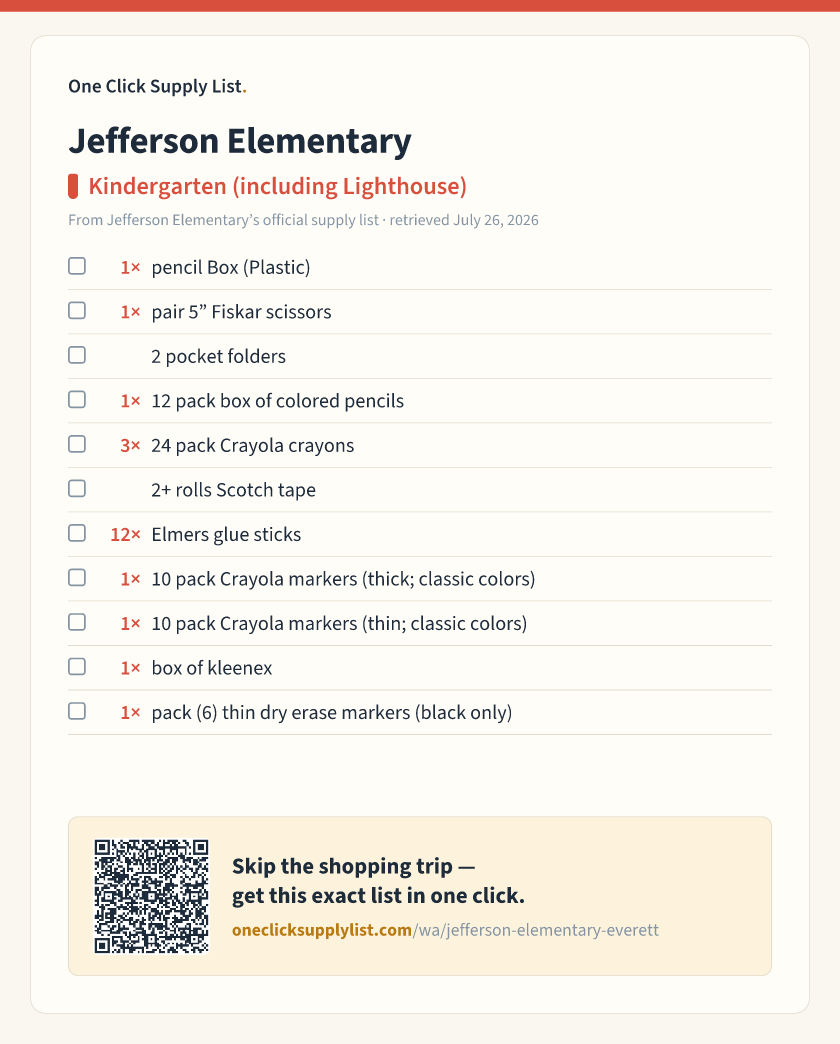 Jefferson Elementary Kindergarten (including Lighthouse) supply list — printable image