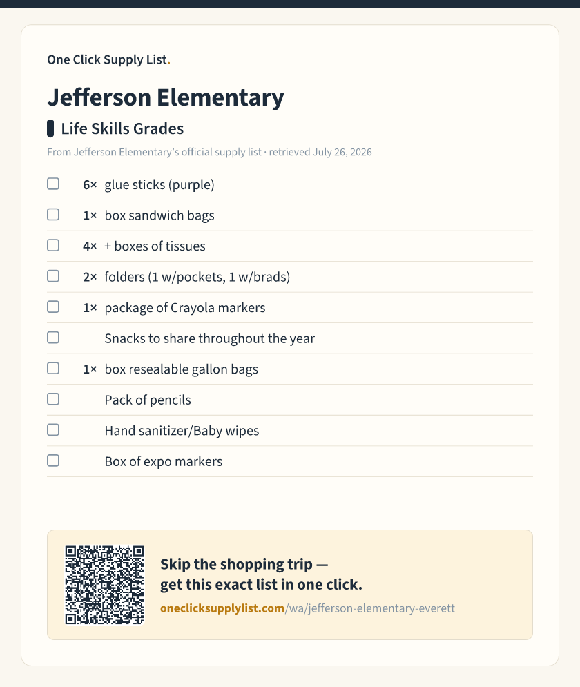 Jefferson Elementary Life Skills Grades supply list — printable image