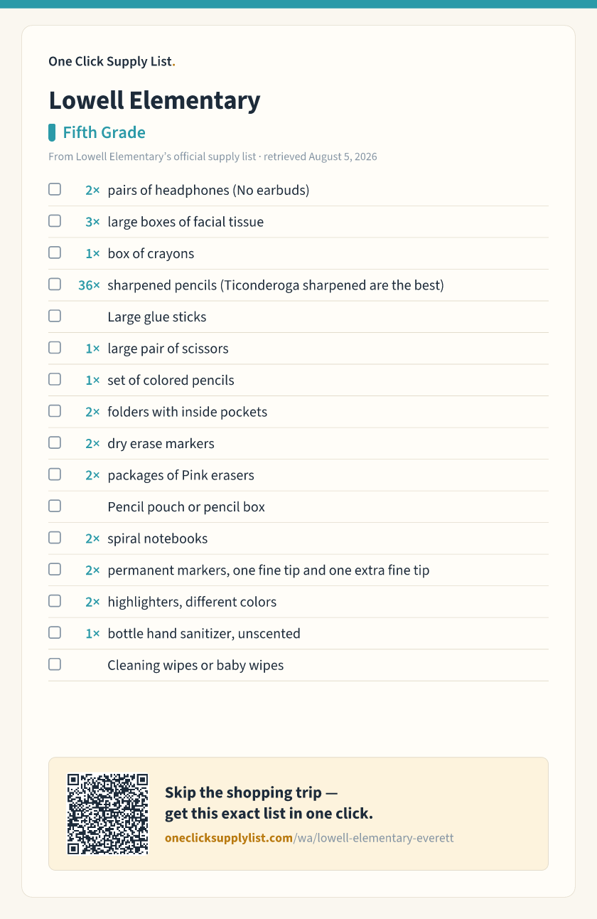 Lowell Elementary Fifth Grade supply list — printable image