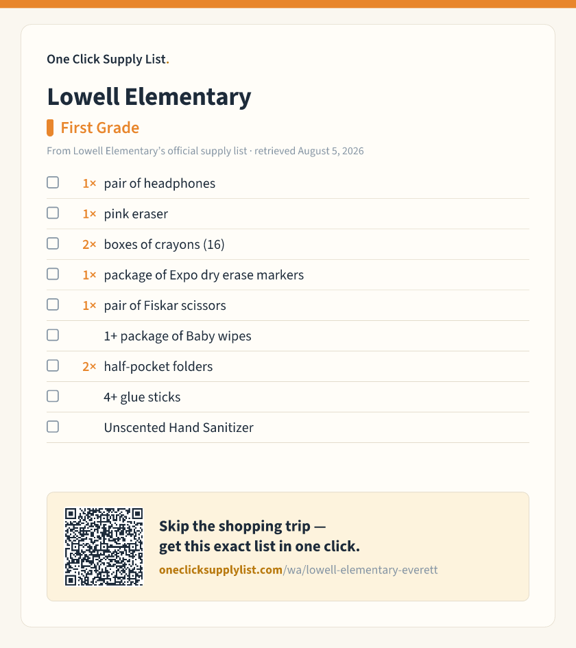 Lowell Elementary First Grade supply list — printable image