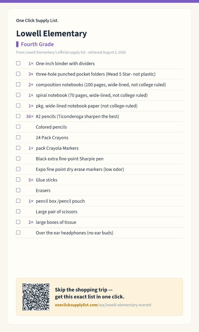Lowell Elementary Fourth Grade supply list — printable image