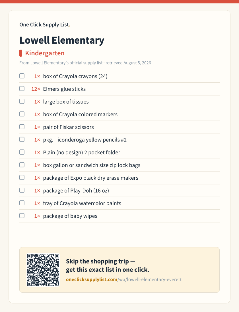Lowell Elementary Kindergarten supply list — printable image