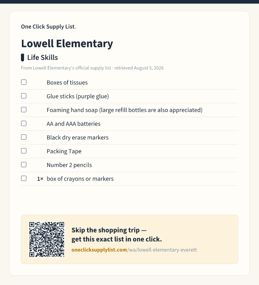 Lowell Elementary Life Skills supply list — printable image