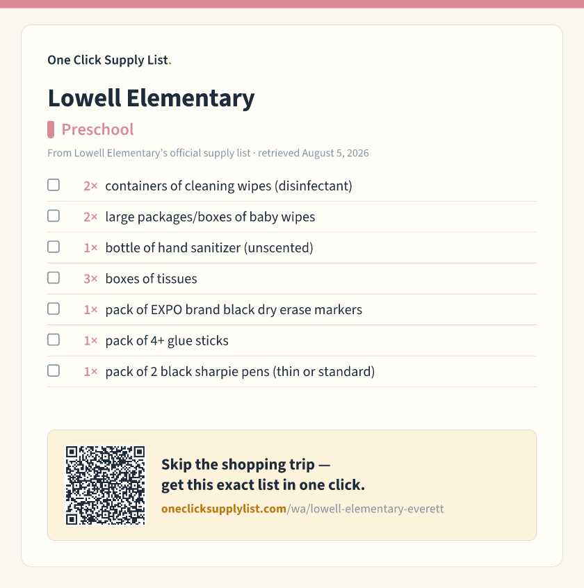 Lowell Elementary Preschool supply list — printable image