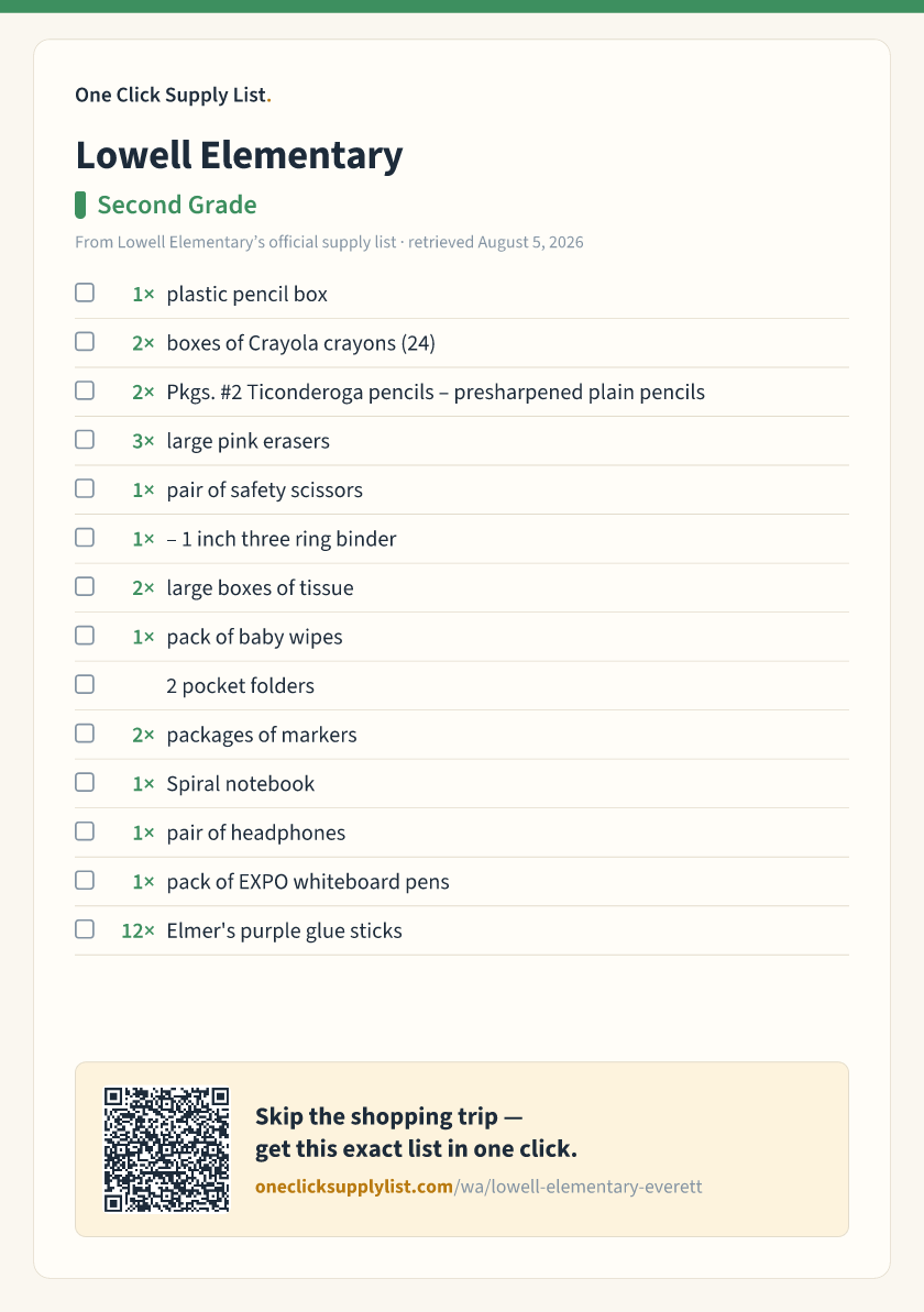 Lowell Elementary Second Grade supply list — printable image