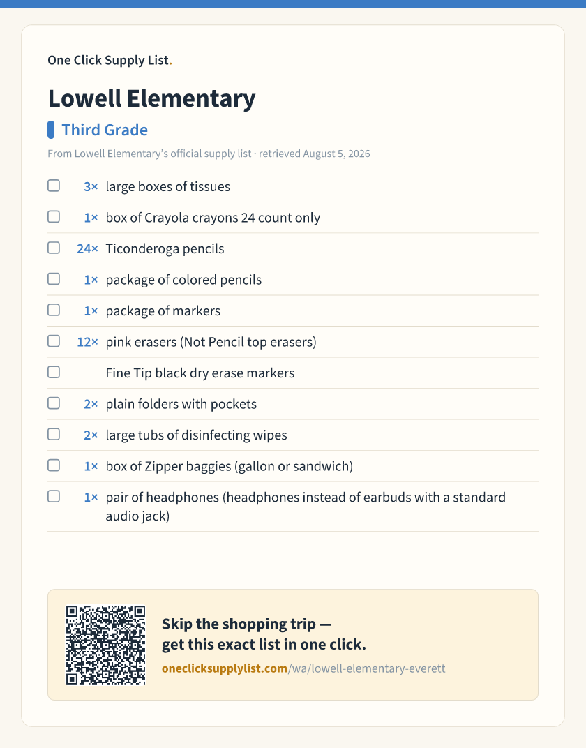 Lowell Elementary Third Grade supply list — printable image