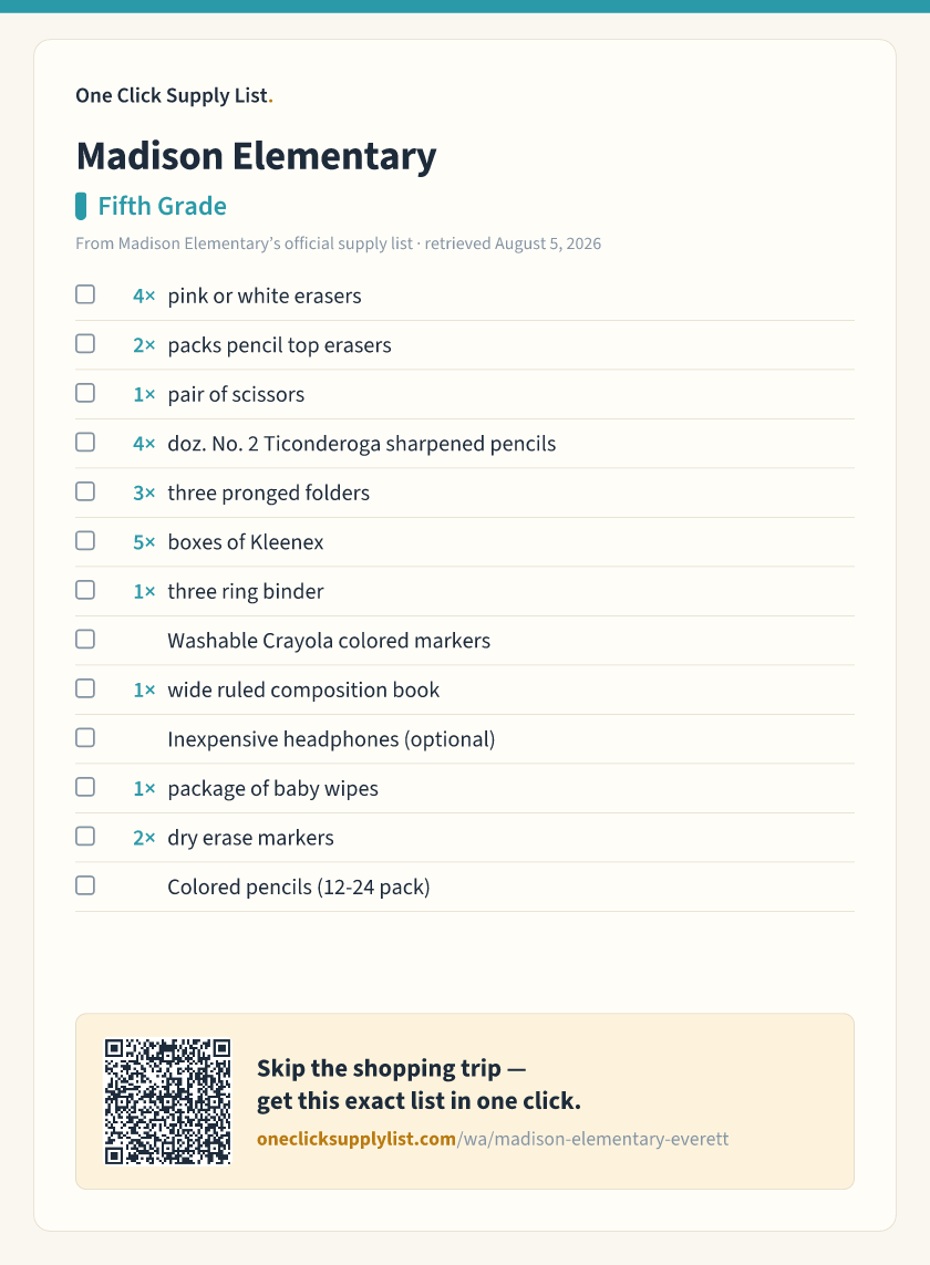Madison Elementary Fifth Grade supply list — printable image