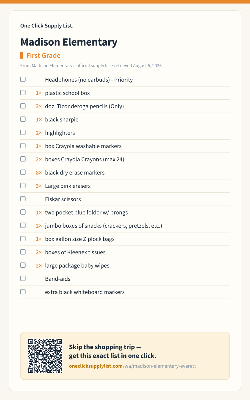 Madison Elementary First Grade supply list — printable image