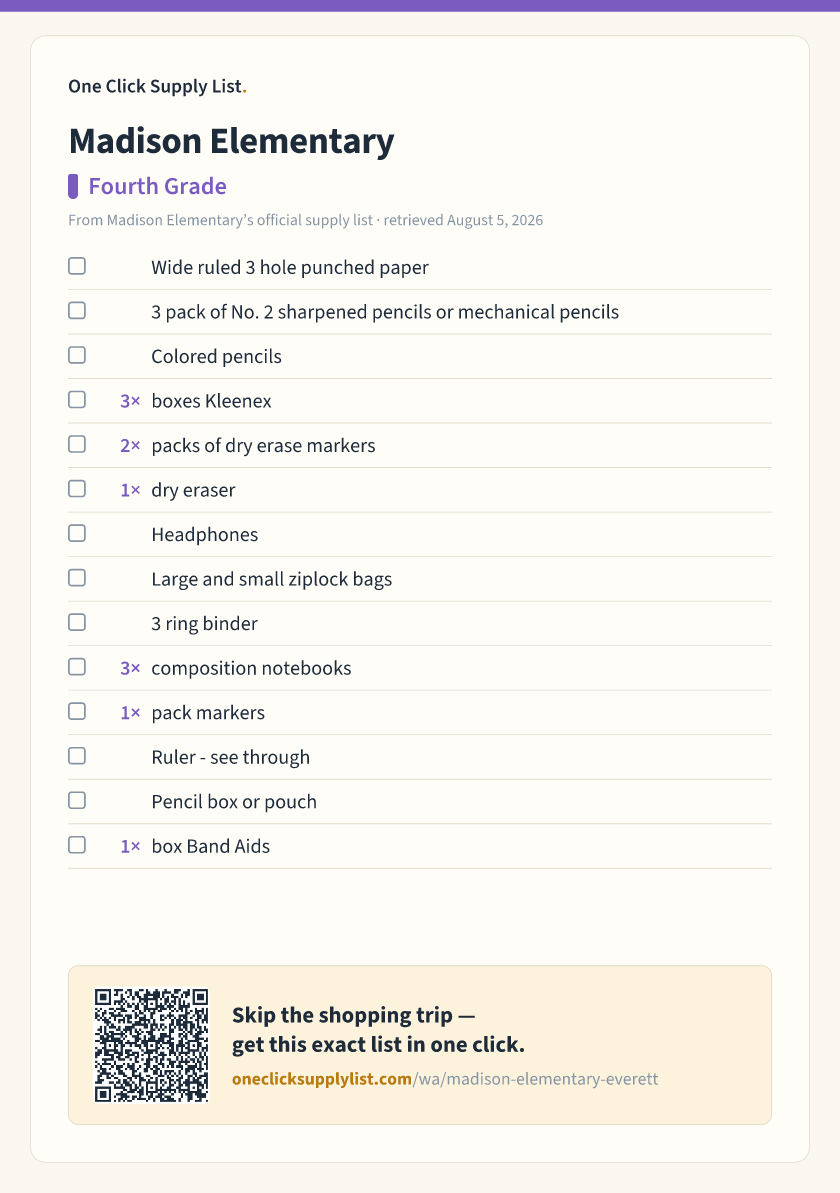 Madison Elementary Fourth Grade supply list — printable image