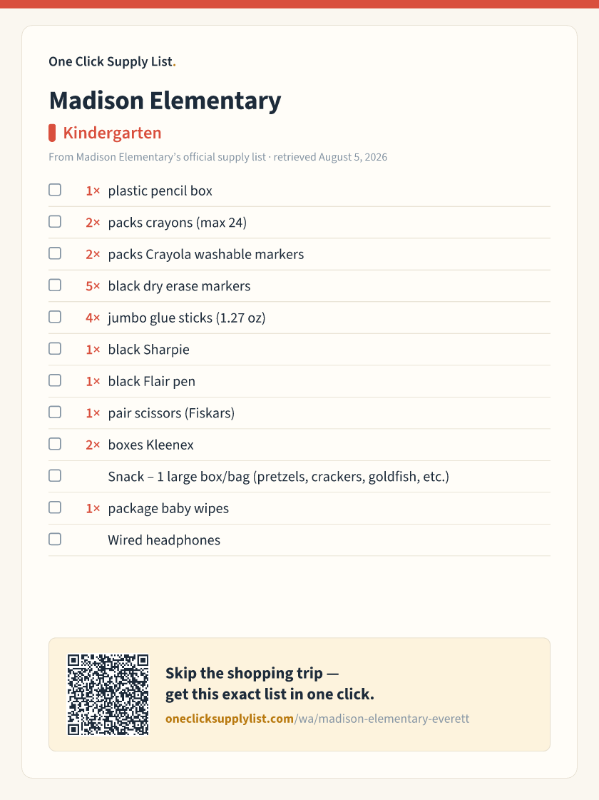 Madison Elementary Kindergarten supply list — printable image