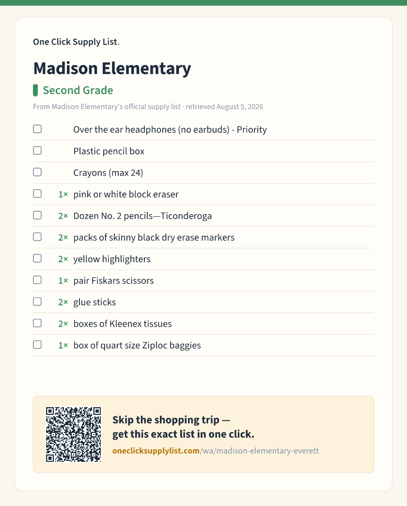 Madison Elementary Second Grade supply list — printable image