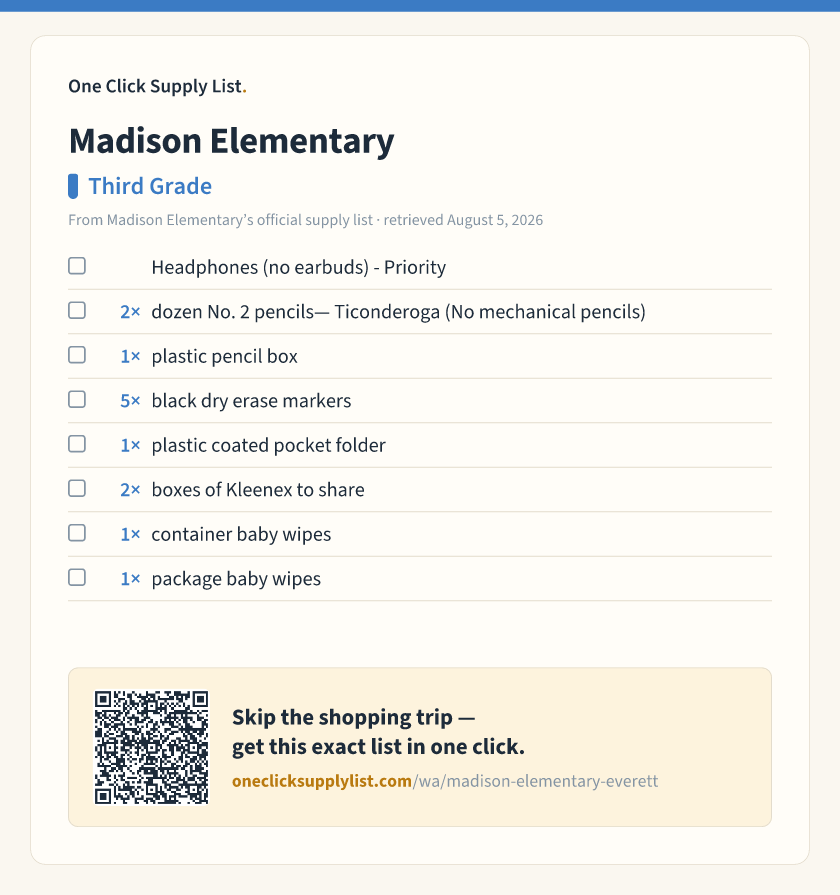 Madison Elementary Third Grade supply list — printable image