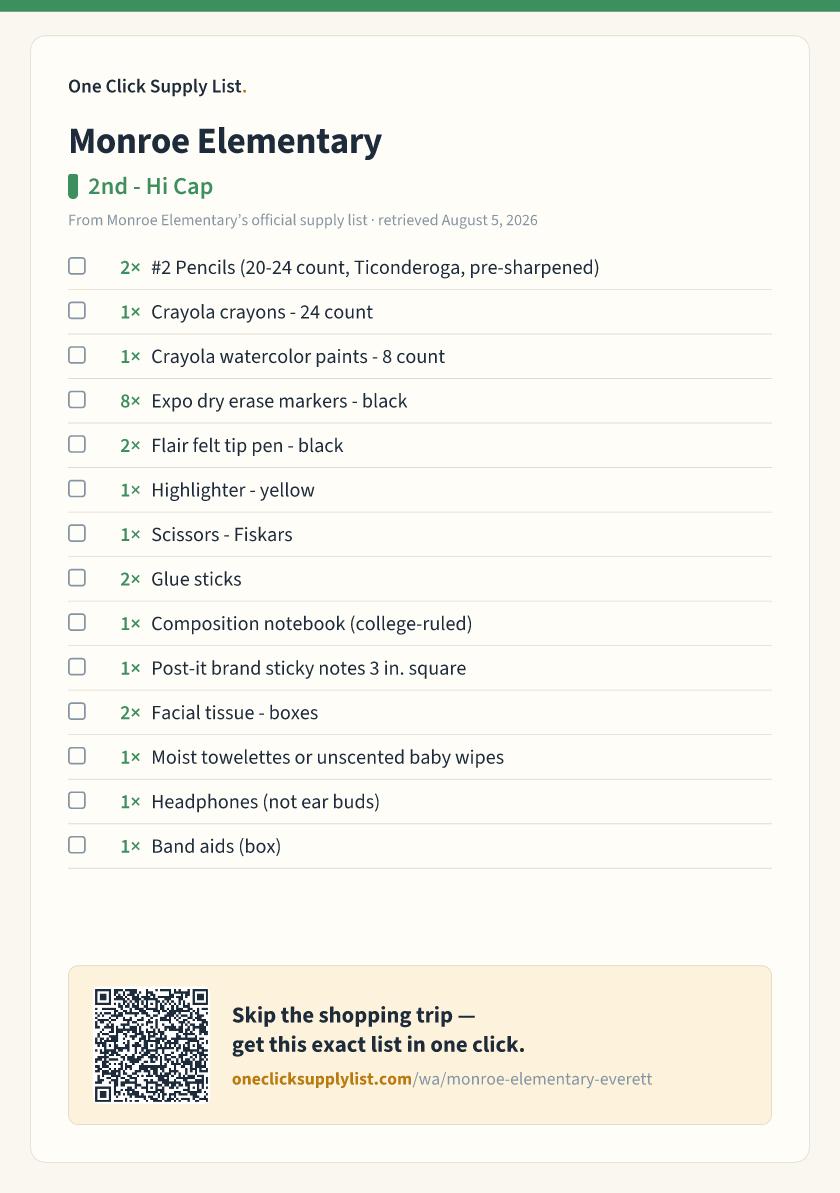 Monroe Elementary 2nd - Hi Cap supply list — printable image
