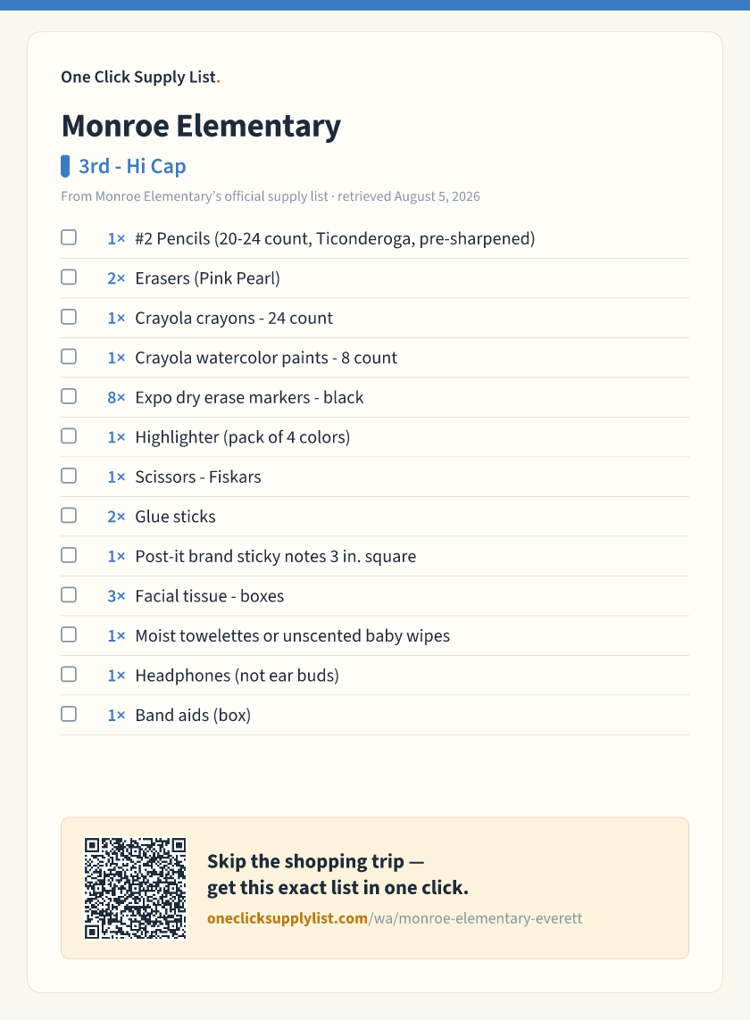 Monroe Elementary 3rd - Hi Cap supply list — printable image