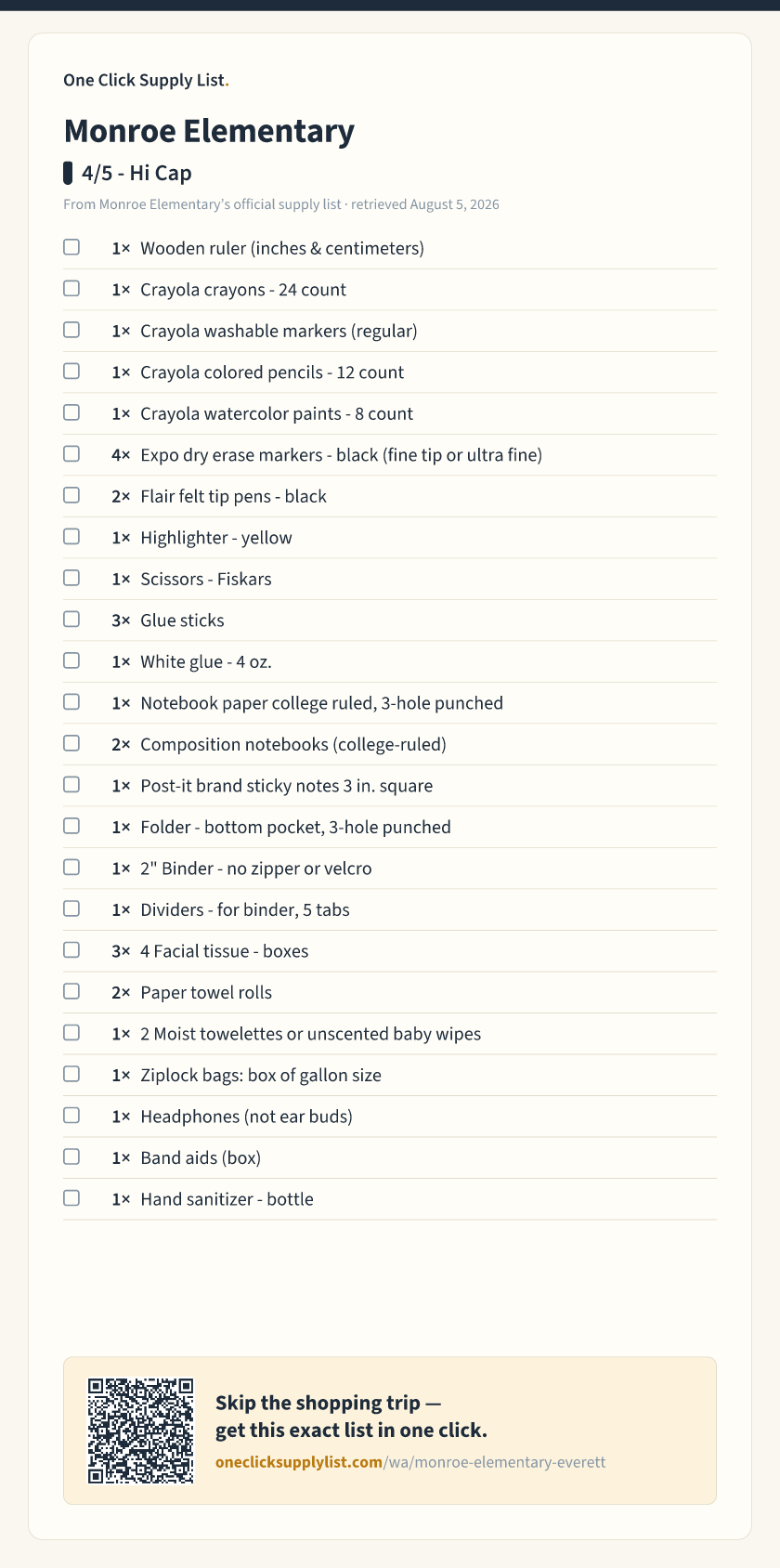 Monroe Elementary 4/5 - Hi Cap supply list — printable image