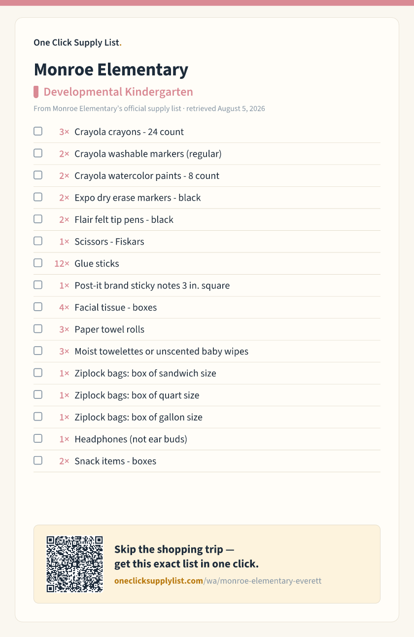 Monroe Elementary Developmental Kindergarten supply list — printable image