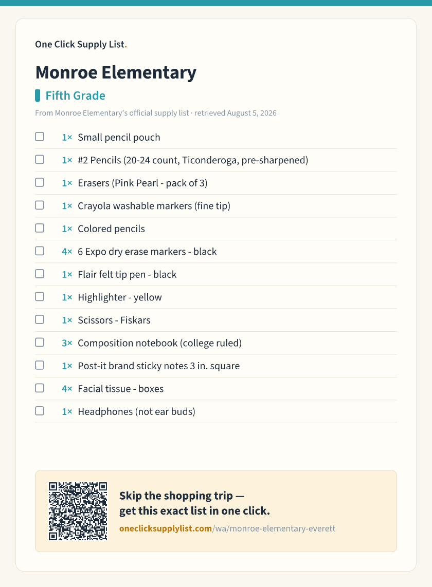 Monroe Elementary Fifth Grade supply list — printable image