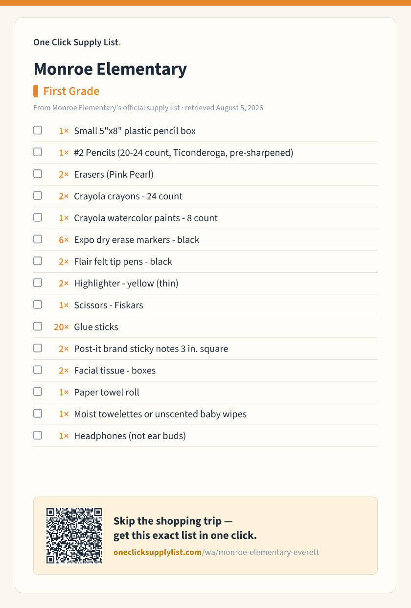 Monroe Elementary First Grade supply list — printable image