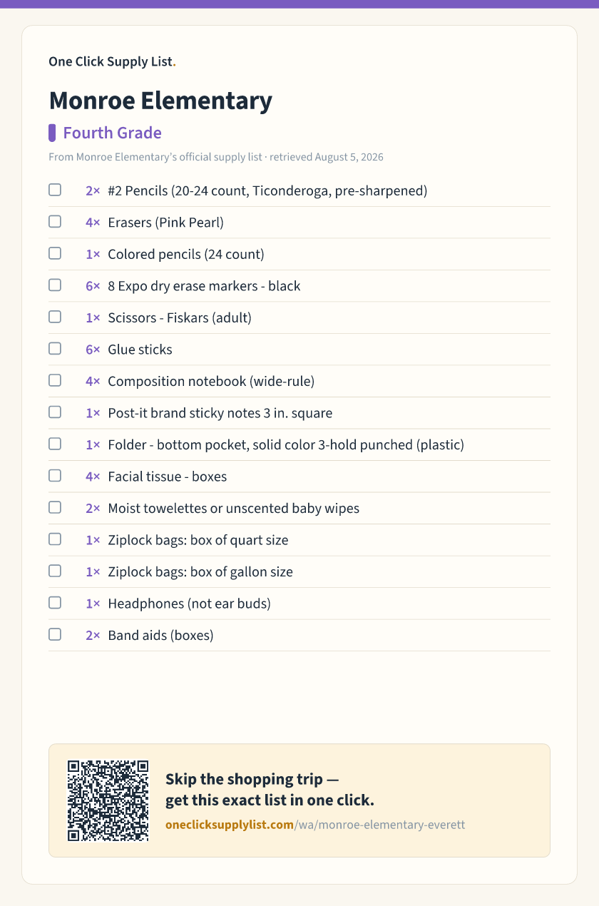 Monroe Elementary Fourth Grade supply list — printable image