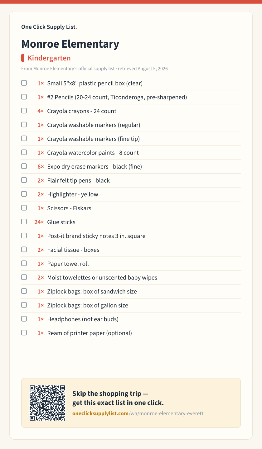 Monroe Elementary Kindergarten supply list — printable image