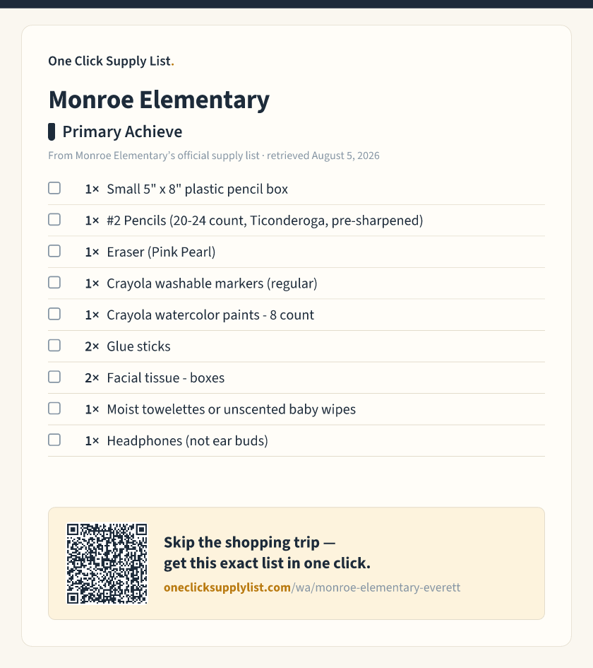 Monroe Elementary Primary Achieve supply list — printable image