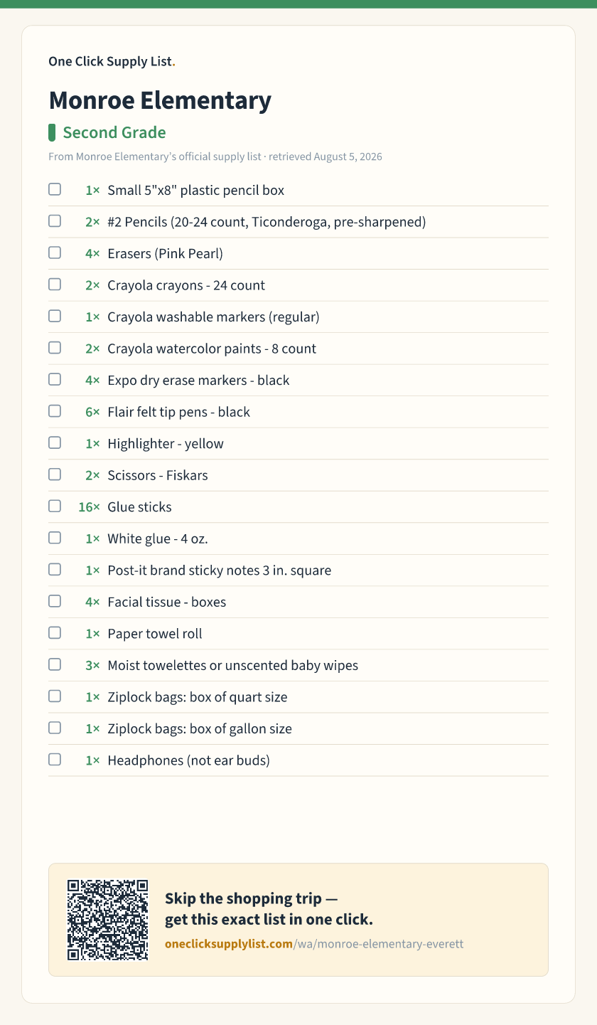 Monroe Elementary Second Grade supply list — printable image