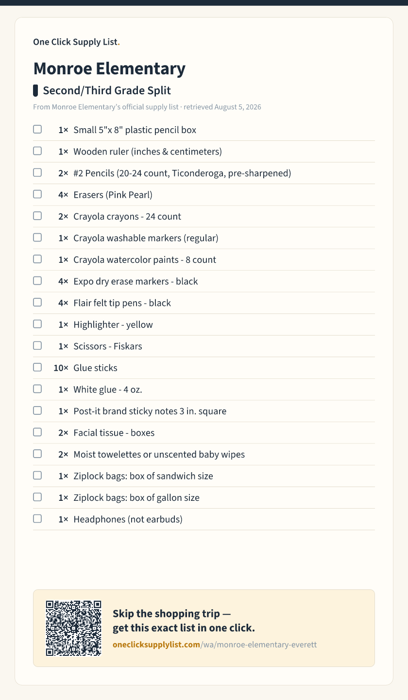 Monroe Elementary Second/Third Grade Split supply list — printable image