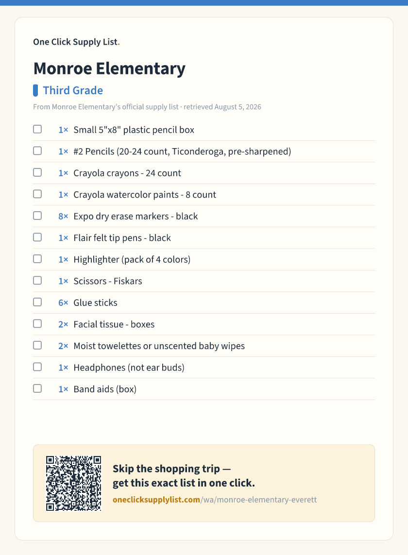 Monroe Elementary Third Grade supply list — printable image