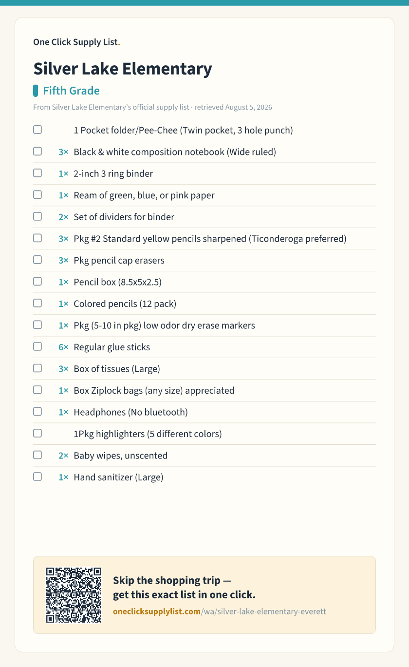 Silver Lake Elementary Fifth Grade supply list — printable image