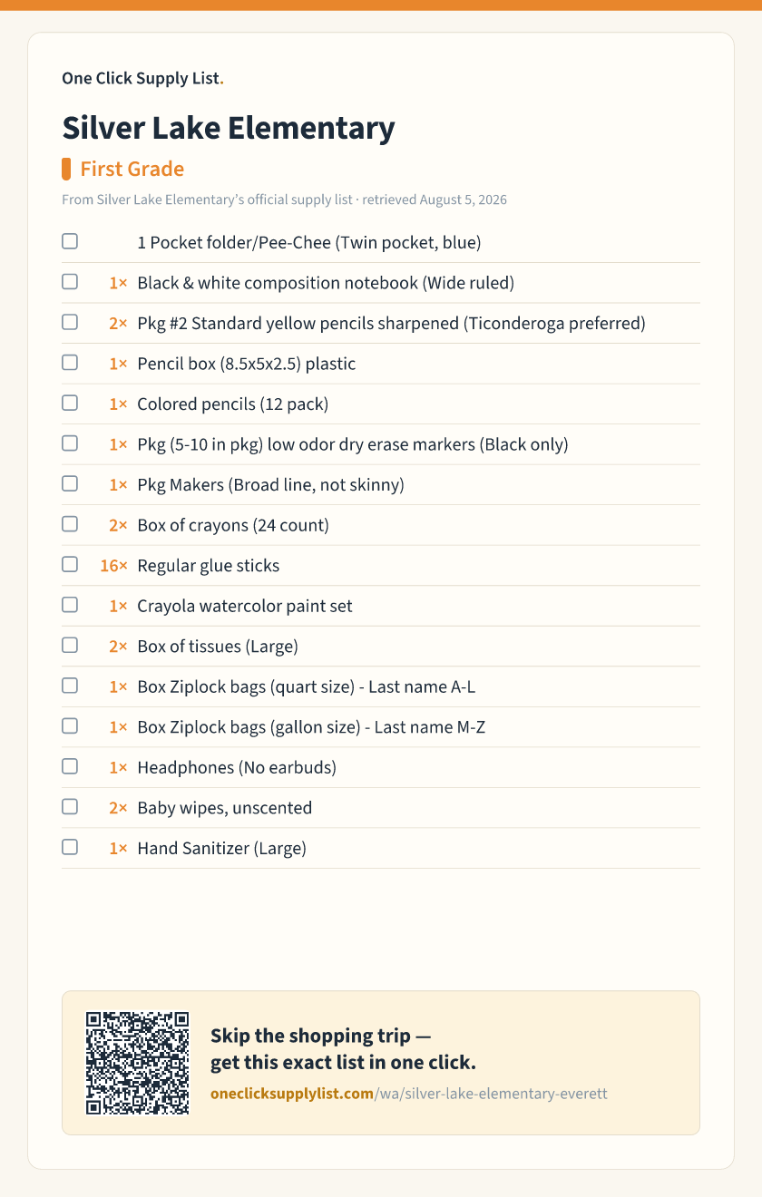 Silver Lake Elementary First Grade supply list — printable image