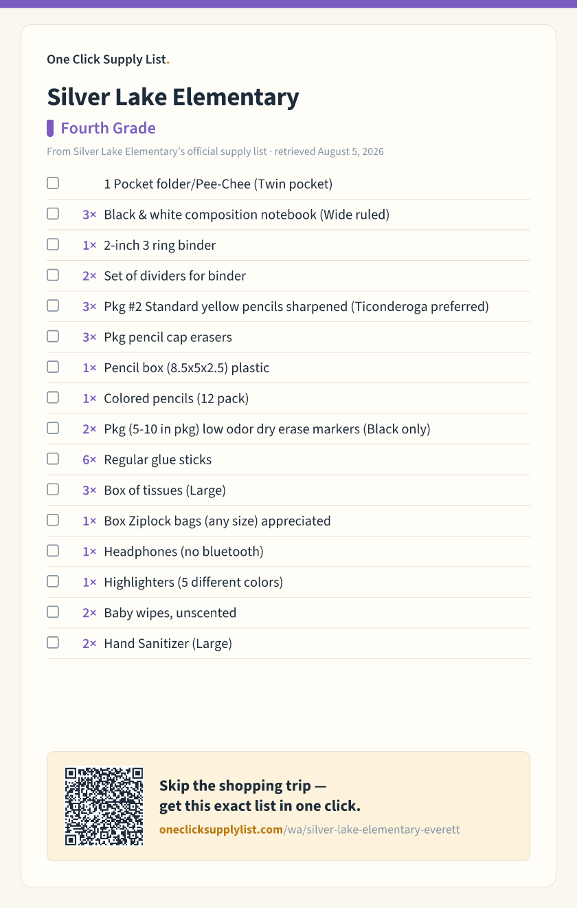 Silver Lake Elementary Fourth Grade supply list — printable image