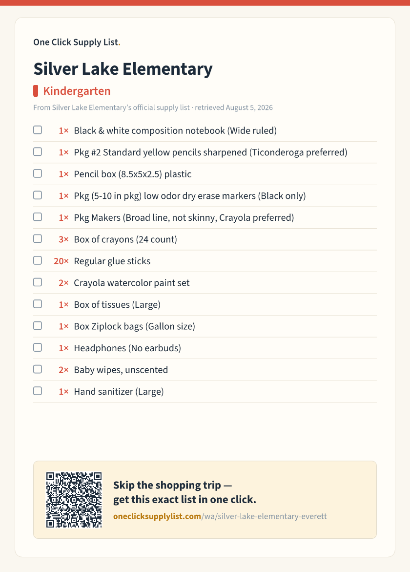Silver Lake Elementary Kindergarten supply list — printable image