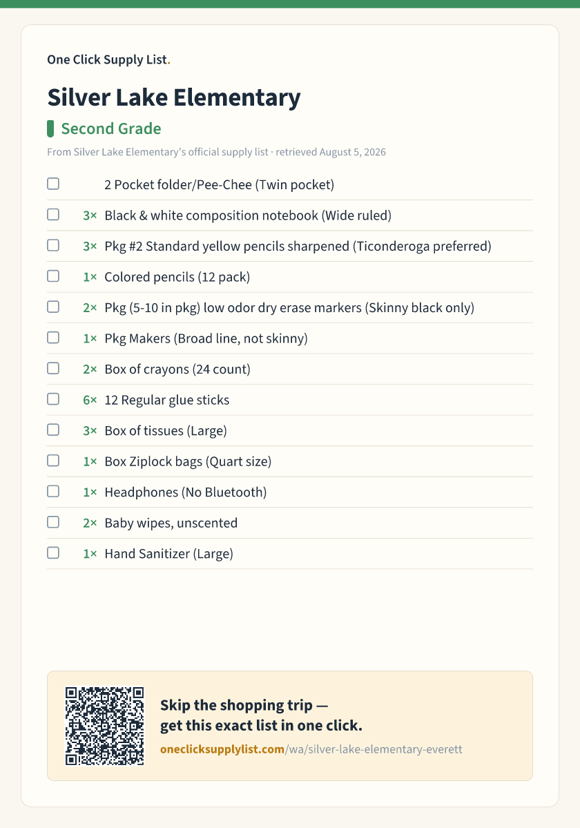 Silver Lake Elementary Second Grade supply list — printable image
