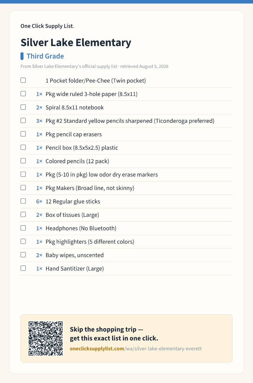 Silver Lake Elementary Third Grade supply list — printable image