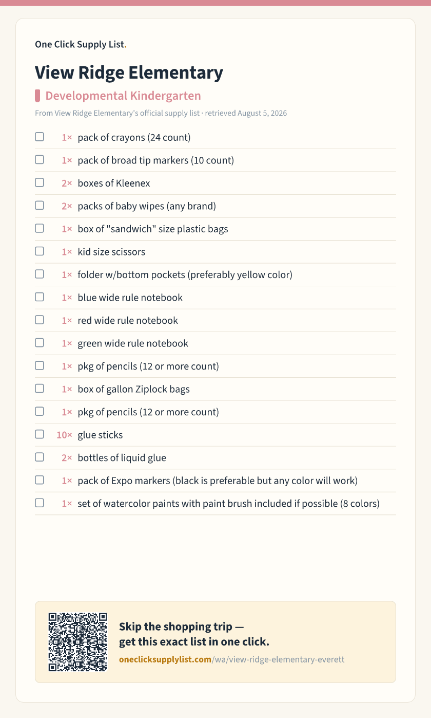 View Ridge Elementary Developmental Kindergarten supply list — printable image