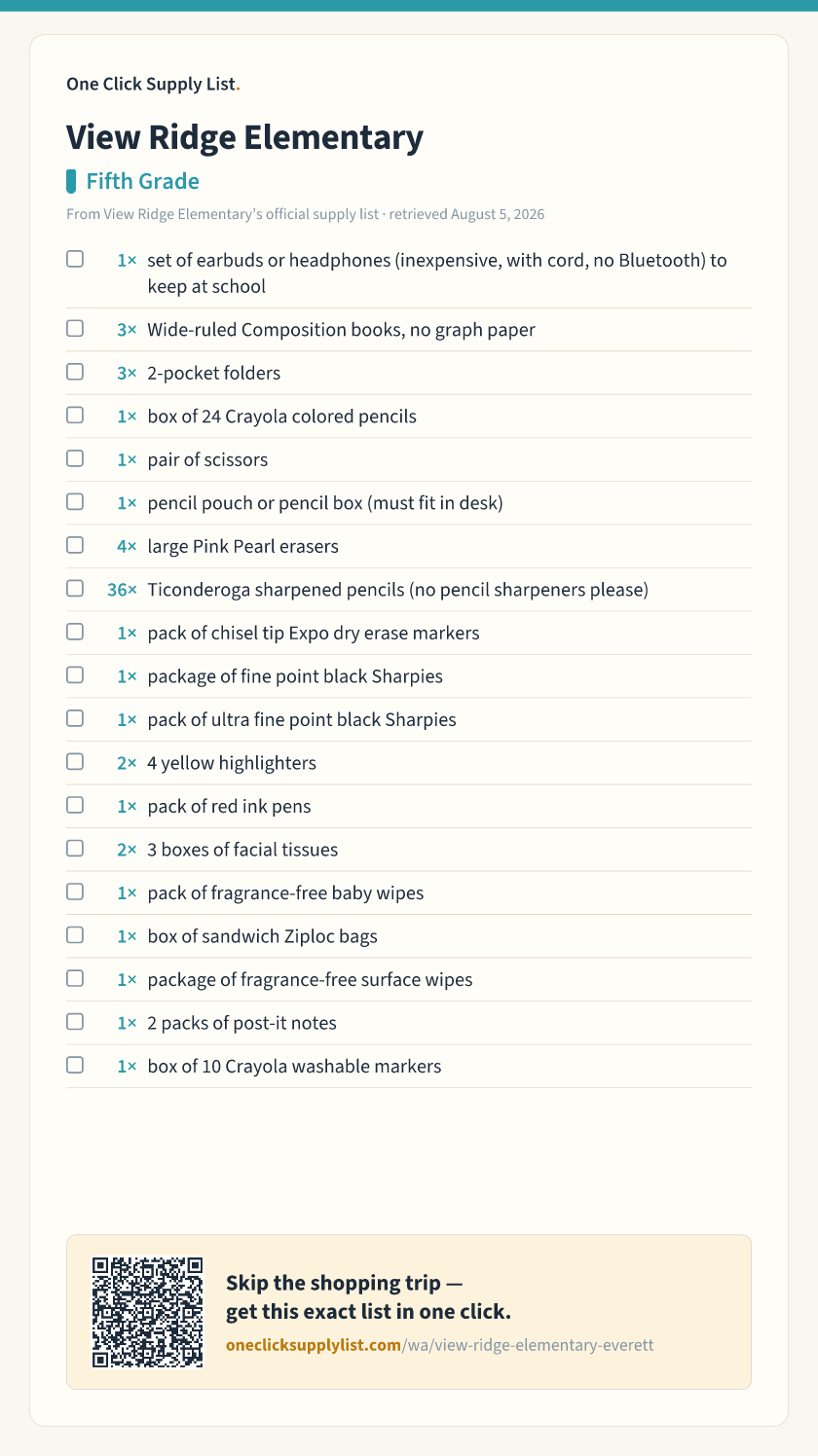 View Ridge Elementary Fifth Grade supply list — printable image