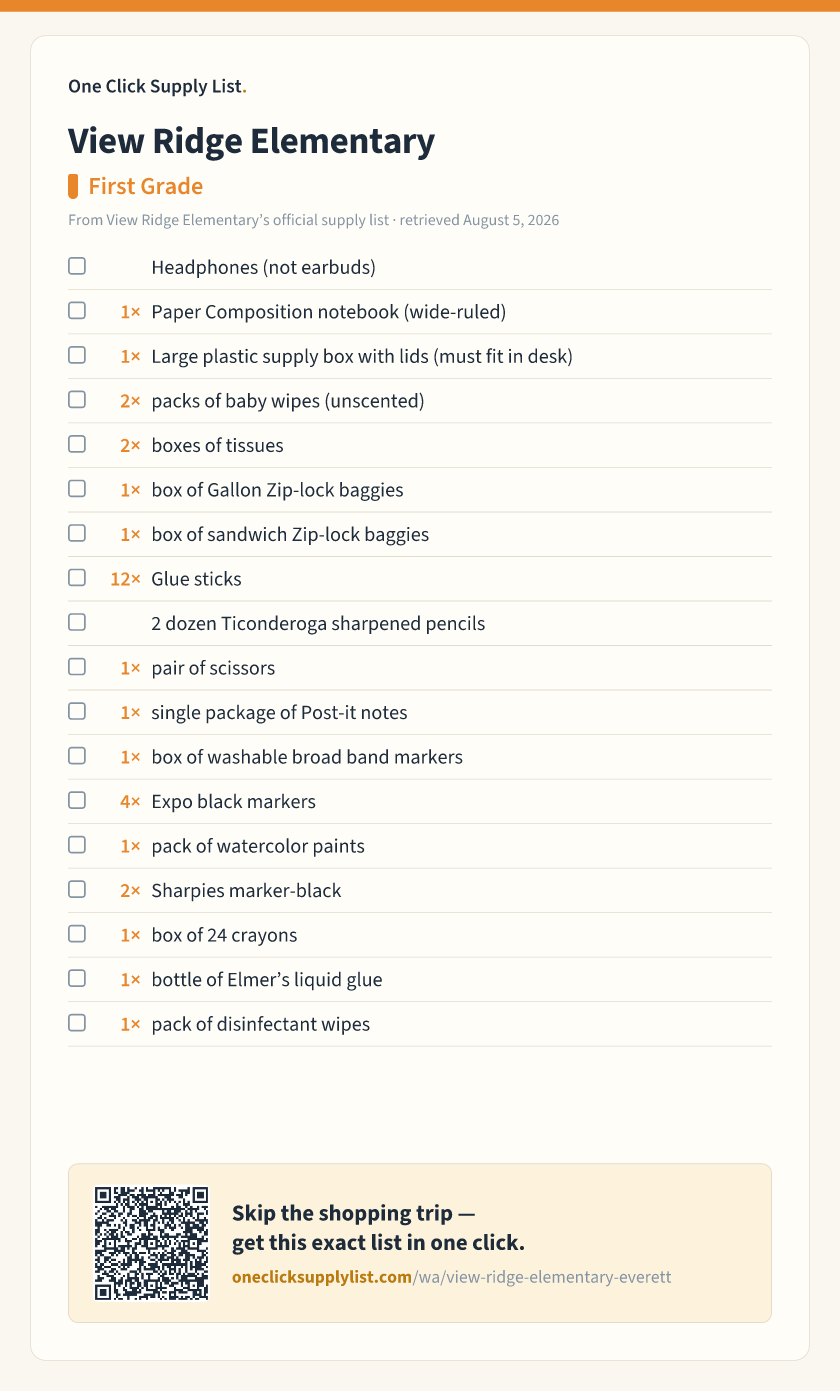 View Ridge Elementary First Grade supply list — printable image