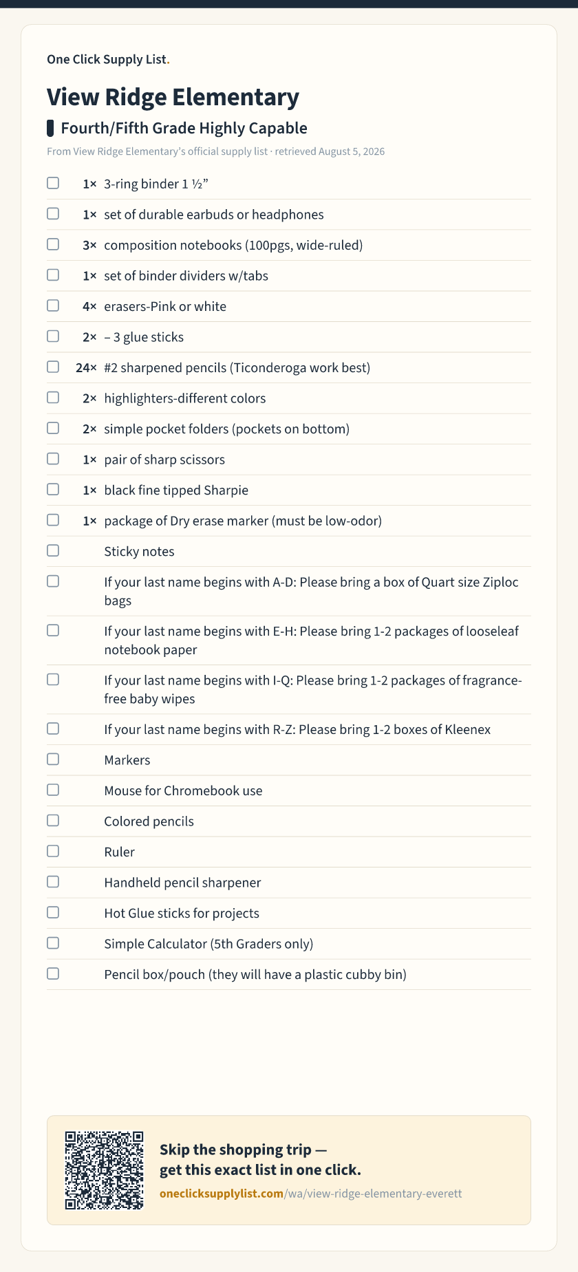 View Ridge Elementary Fourth/Fifth Grade Highly Capable supply list — printable image