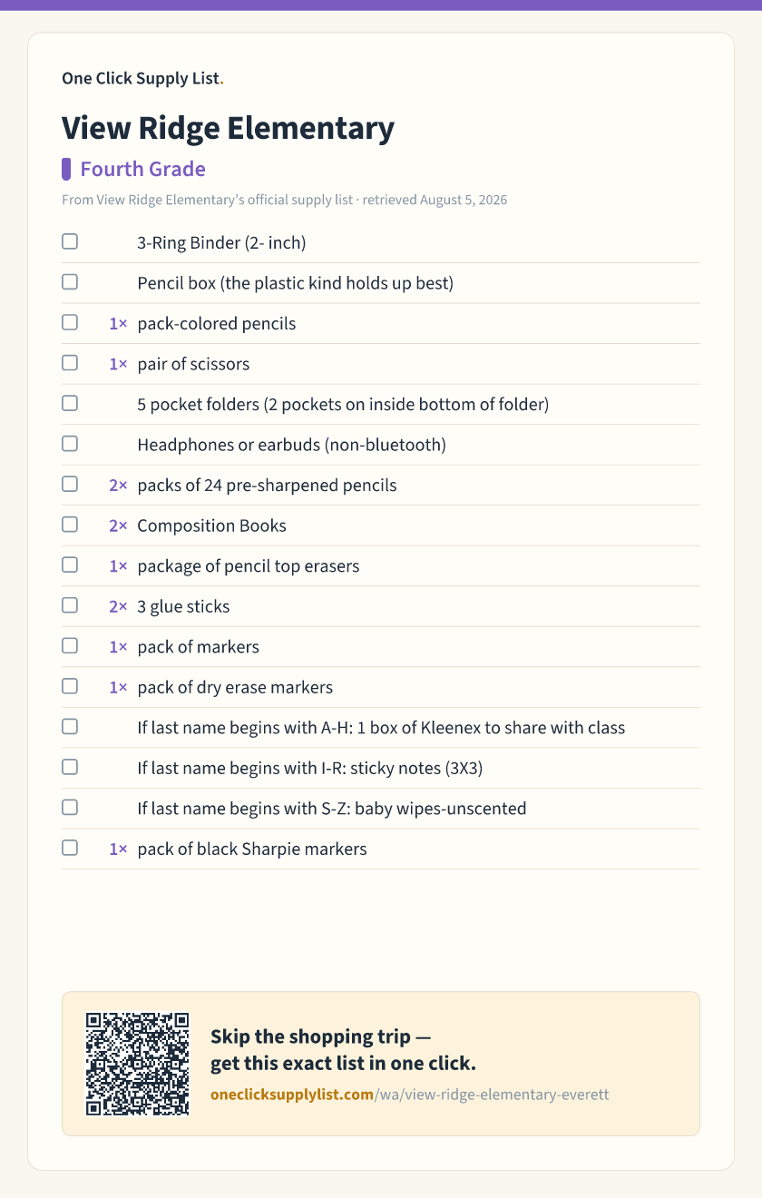 View Ridge Elementary Fourth Grade supply list — printable image