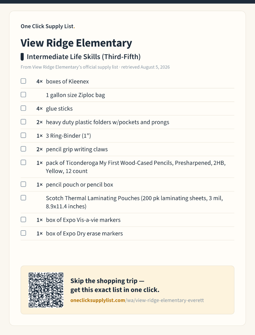 View Ridge Elementary Intermediate Life Skills (Third-Fifth) supply list — printable image