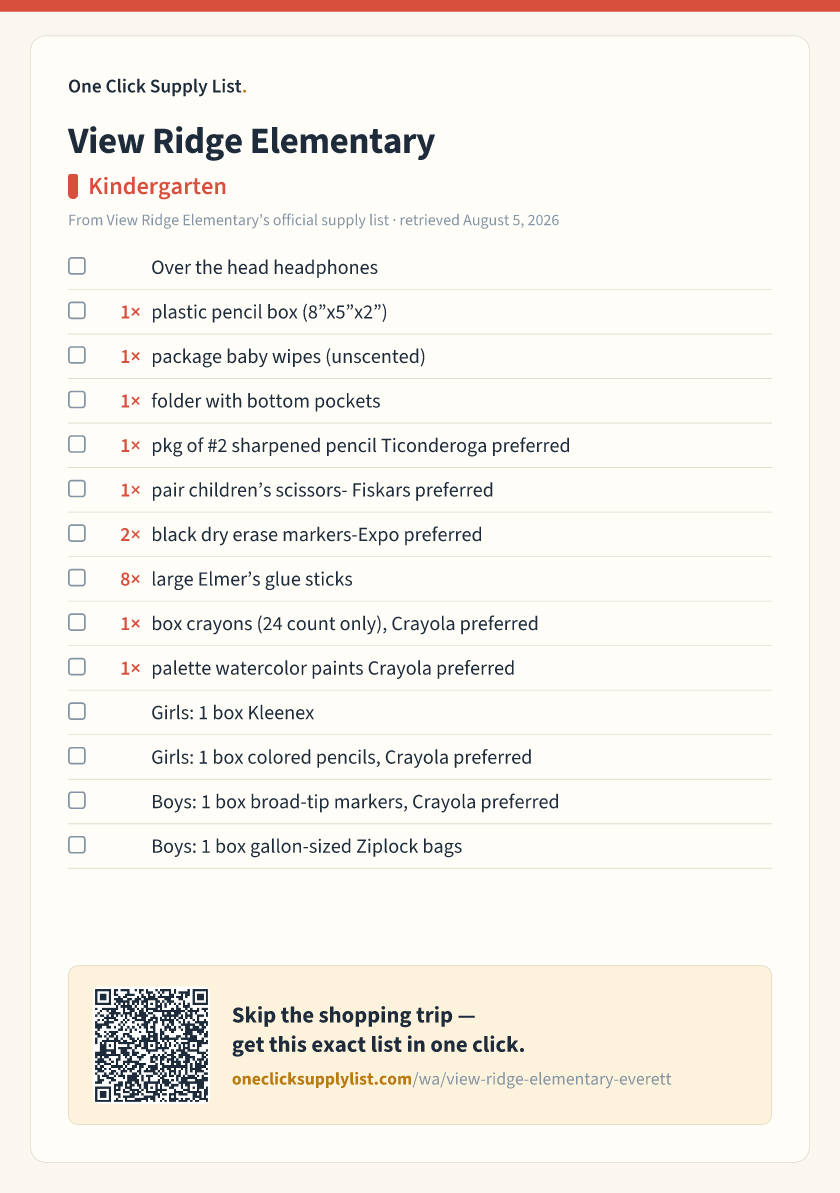 View Ridge Elementary Kindergarten supply list — printable image