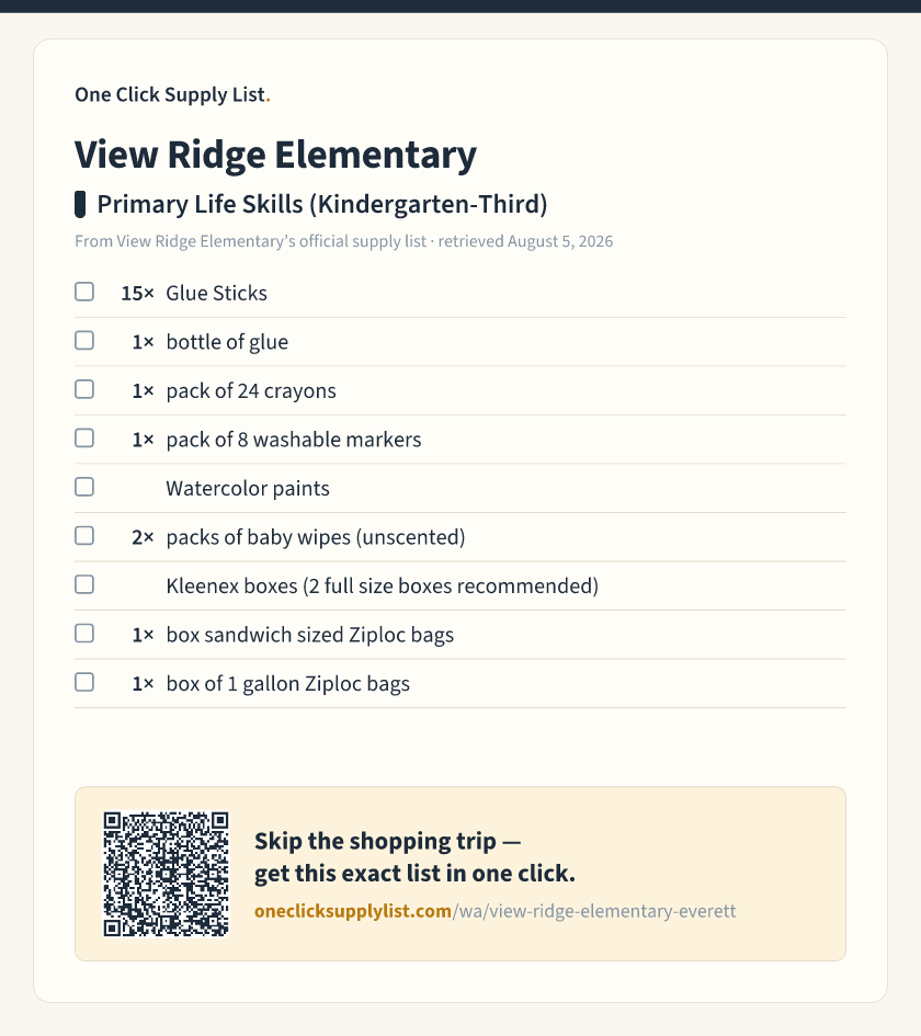 View Ridge Elementary Primary Life Skills (Kindergarten-Third) supply list — printable image