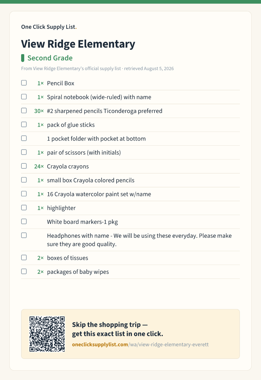 View Ridge Elementary Second Grade supply list — printable image