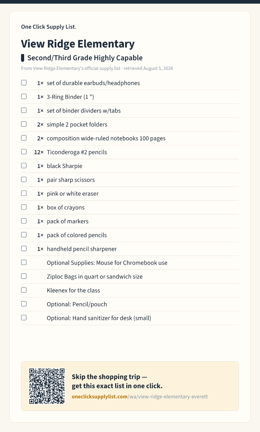 View Ridge Elementary Second/Third Grade Highly Capable supply list — printable image