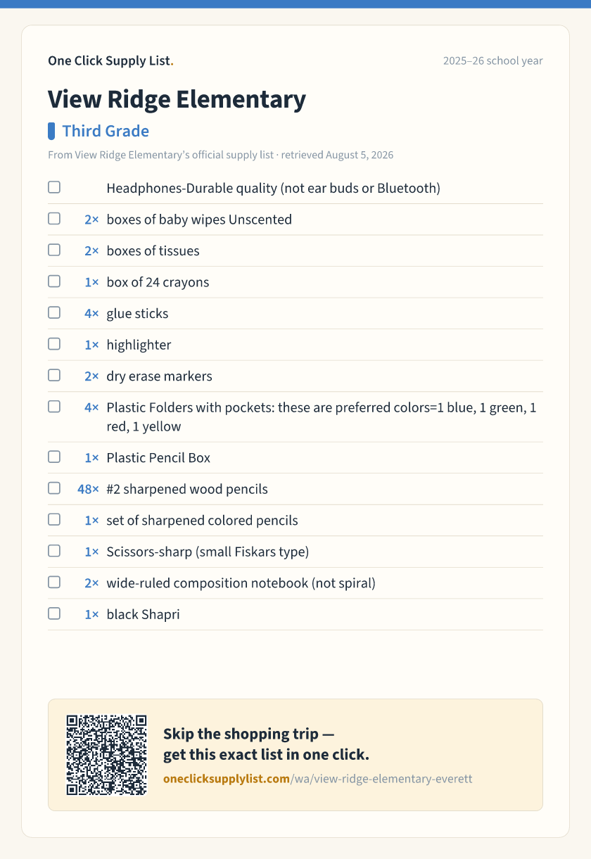 View Ridge Elementary Third Grade supply list — printable image
