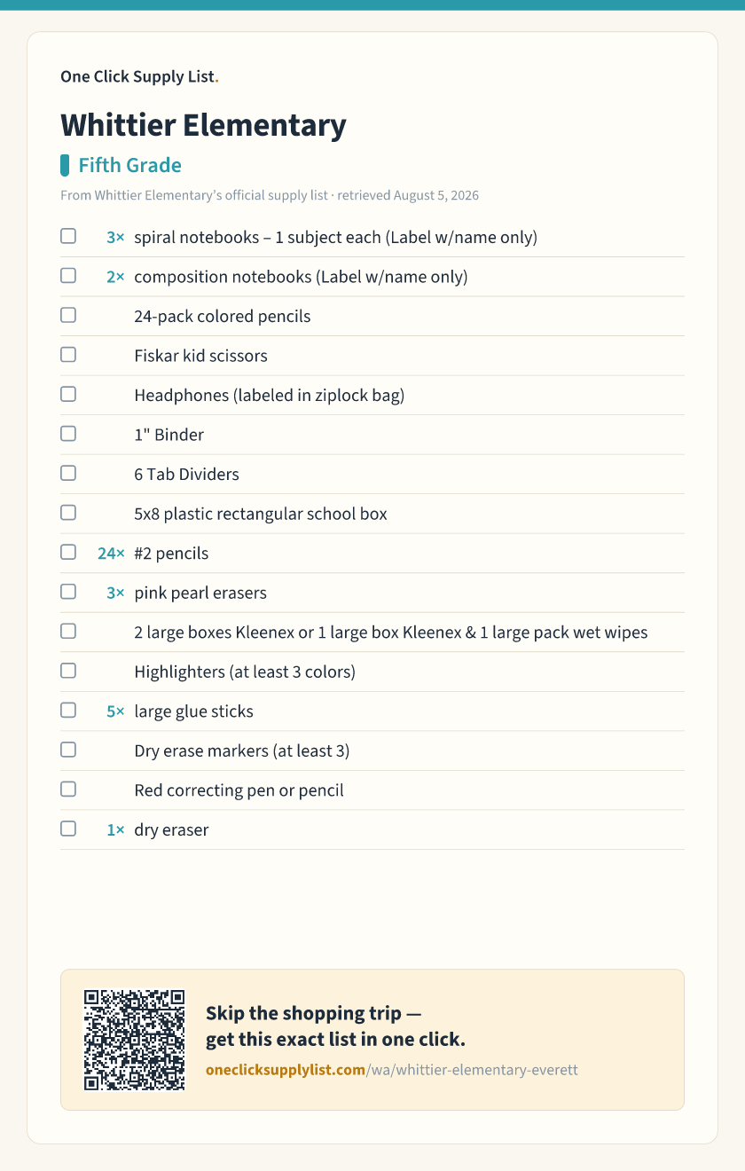 Whittier Elementary Fifth Grade supply list — printable image