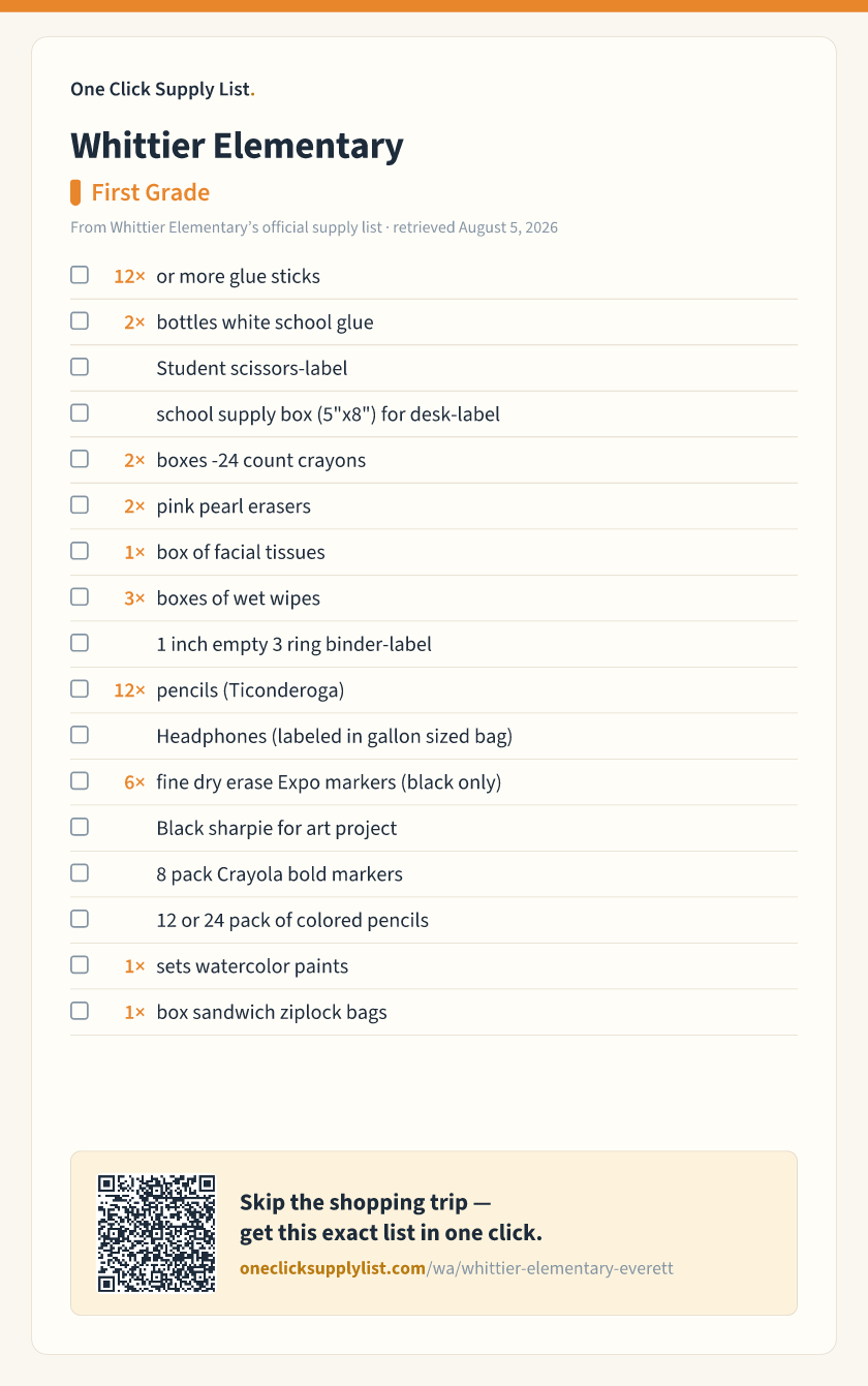 Whittier Elementary First Grade supply list — printable image