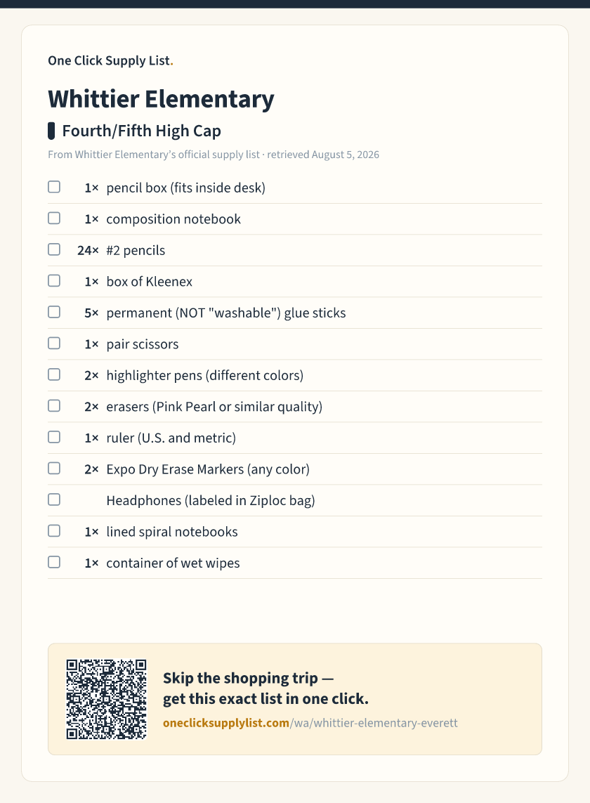 Whittier Elementary Fourth/Fifth High Cap supply list — printable image